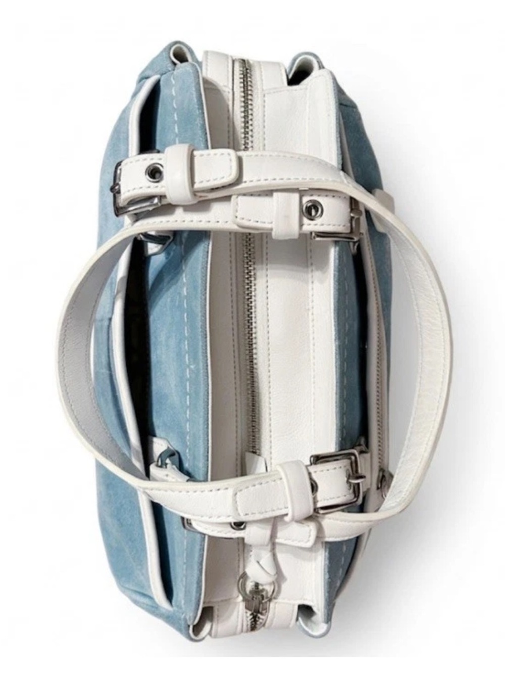 Coach Hamptons Satchel/Wristlet Set, Baby Blue Suede, White Leather Trim VINTAGE - Picture 7 of 13